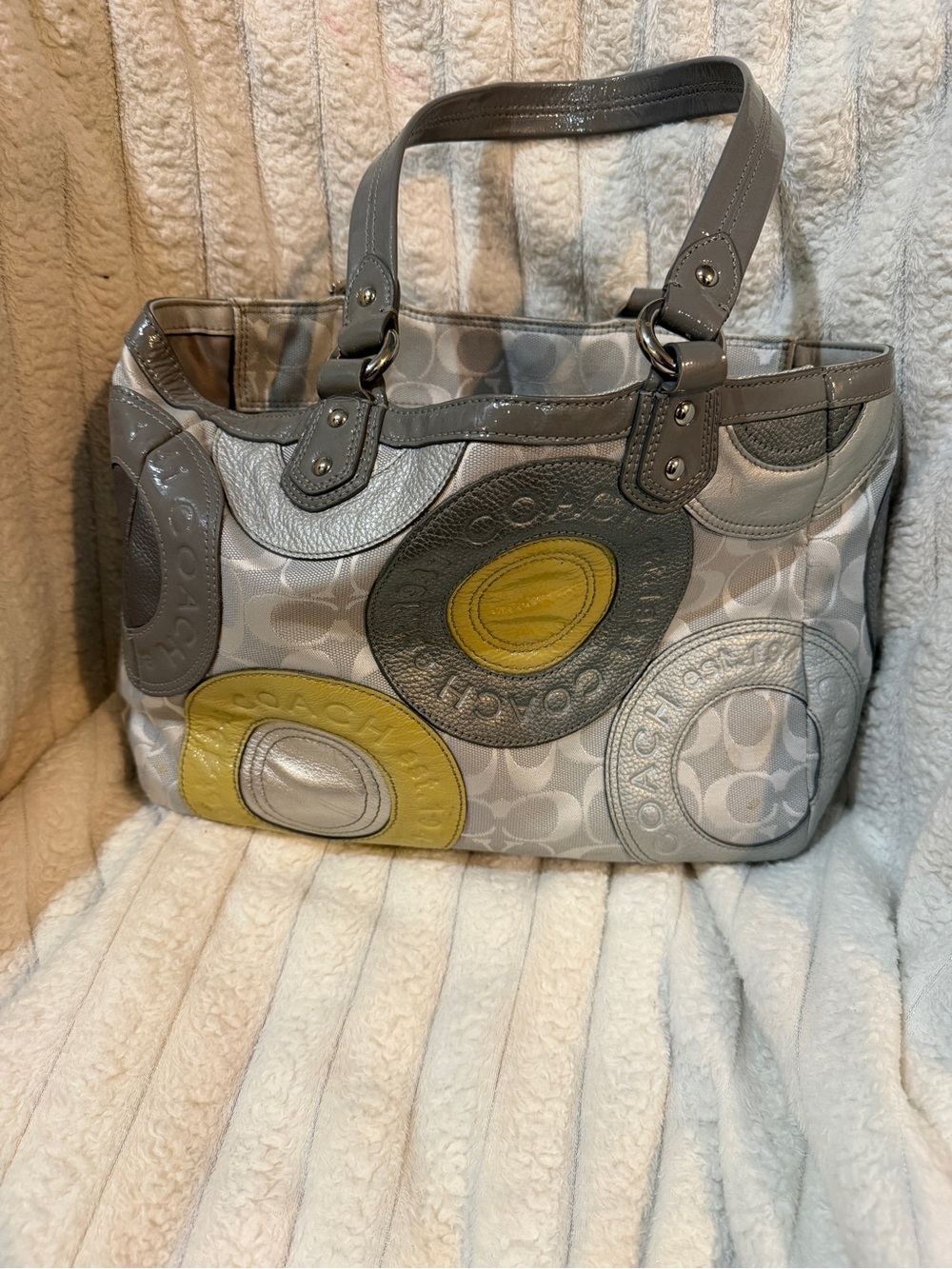 Coach Gray Canvas Tote with Yellow Accent Circles